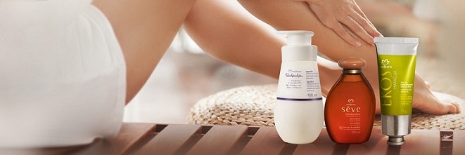 Productos de hidratacion del cuerpo, con imagen de fondo de las piernas de una mujer