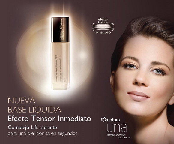 Base liquida efecto tensor de Natura Una e imagen rostro de mujer maquillada