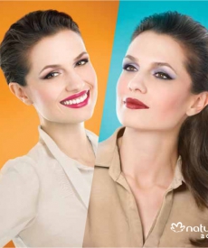 Dos mujeres sonriendo con labios y ojos maquillados con productos de Natura Aquarela